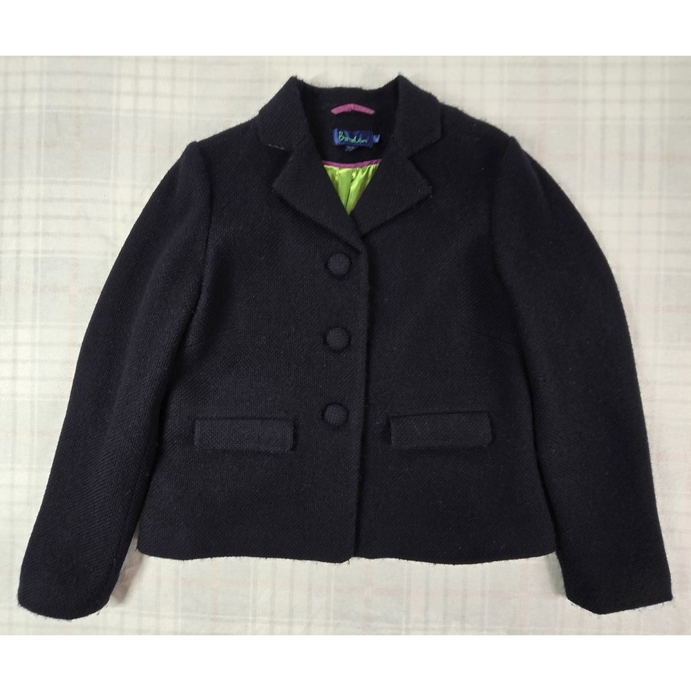 Boden Womens 100% Wool Boucle Tweed Green Lining Button Down Blazer Navy Blue 16